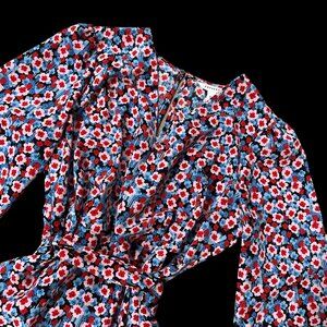 Short Mini Dress XL Daisy Flower Power Pockets Belt Red Blue V Neck Popsugar
